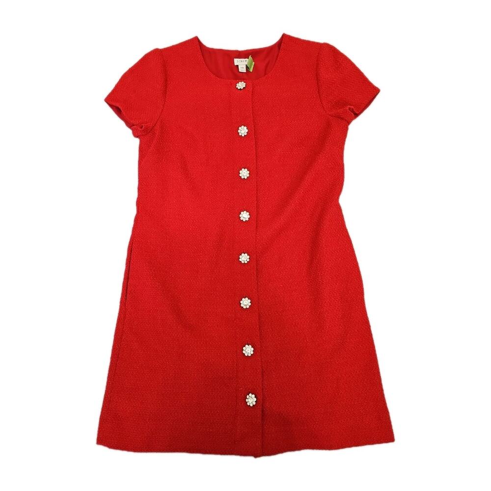 J.Crew Factory Tweed Dress Womens Jeweled Buttons Red Size 10 Party Work Formal